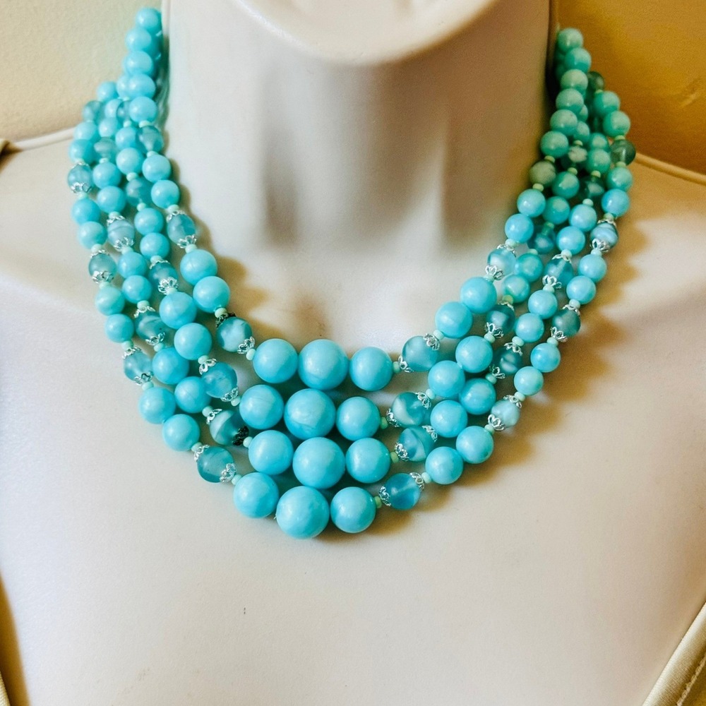 VTG Multi Layered Beaded Blue Pastel Necklace Thermoset 4 Rows Western Germany